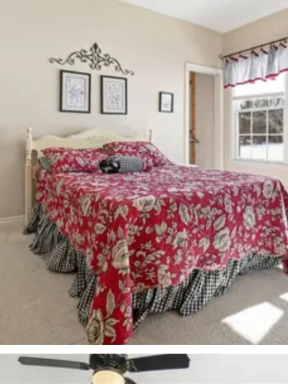 Floral Red Full/Queen Bedspread With Gingham Ruffle
